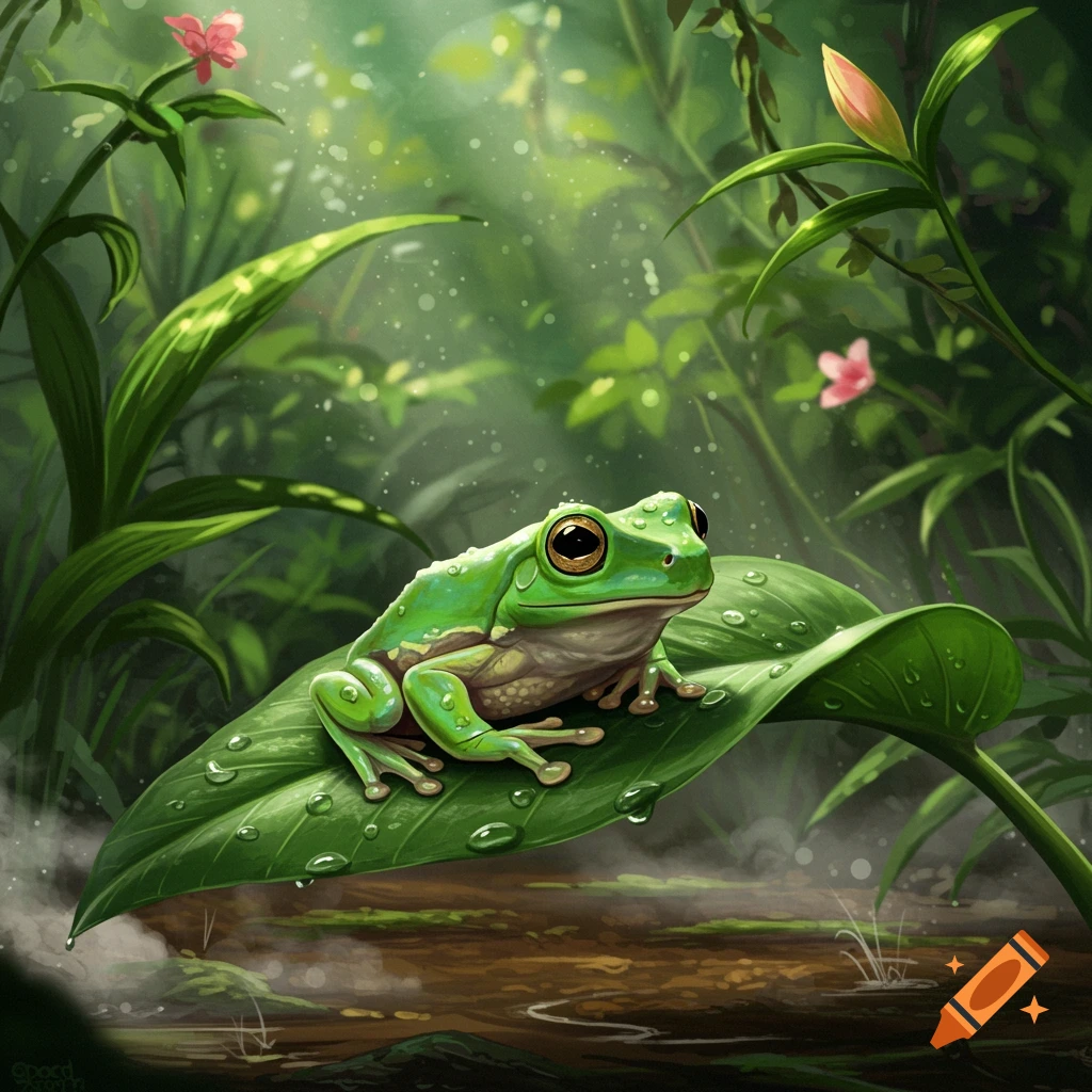 A vibrant green frog with large eyes sits on a large leaf covered in dewdrops in a lush, sunlit jungle.