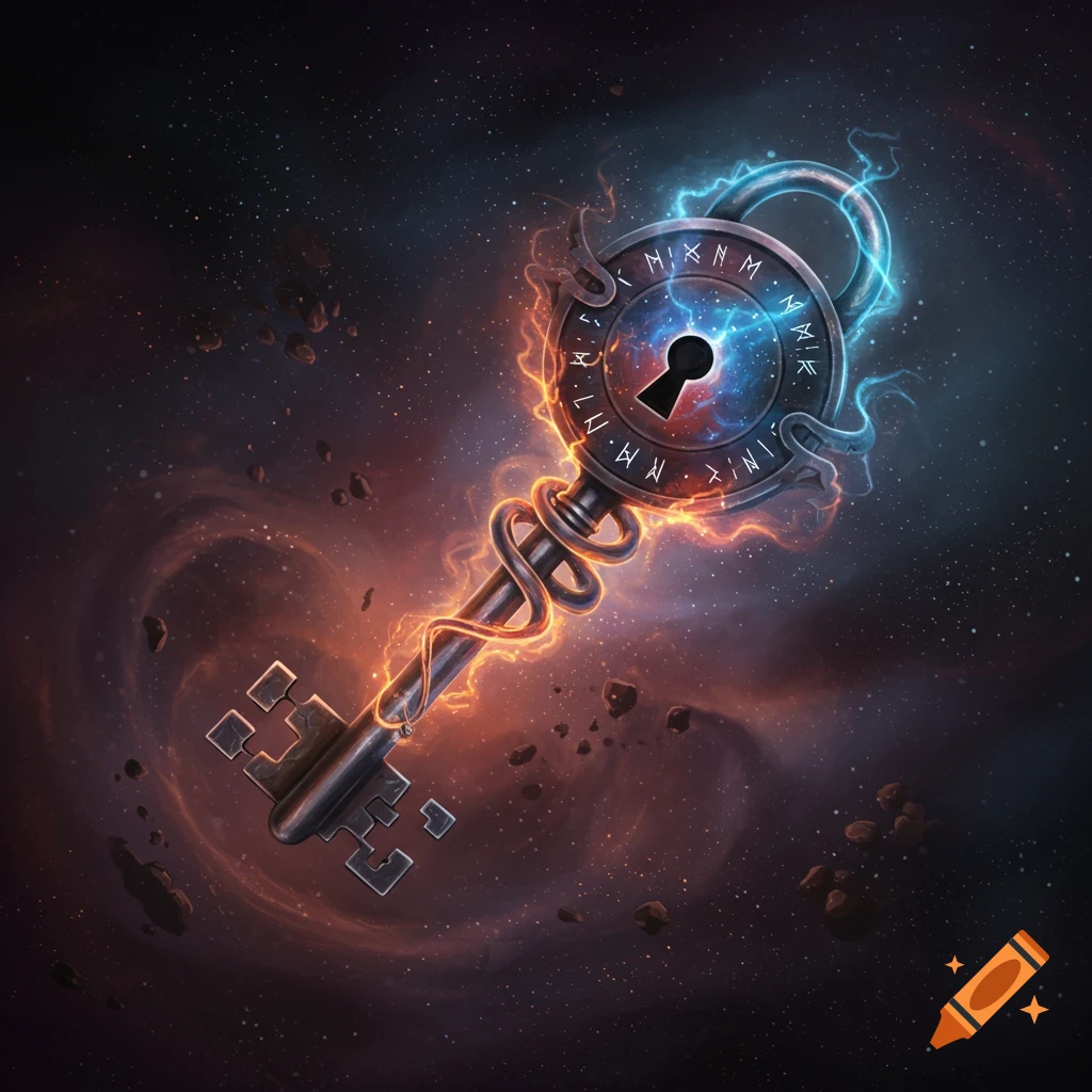 A detailed fantasy key and lock fusion, glowing with orange and blue energy against a dark, starry cosmic background.