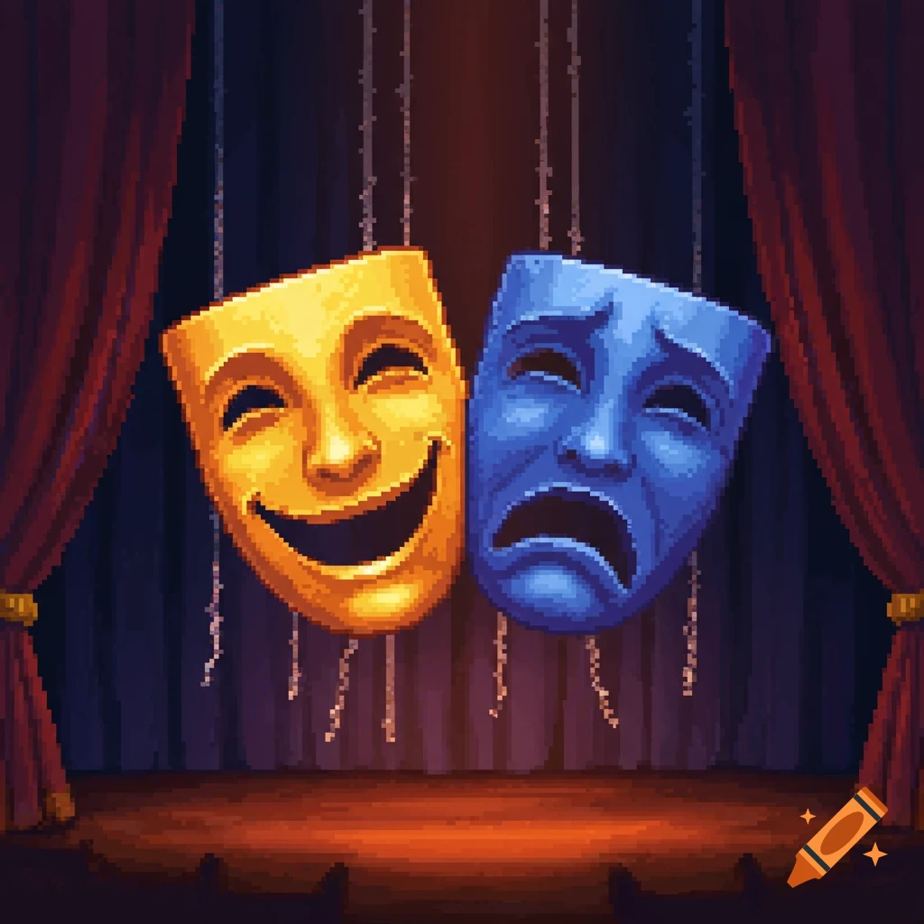 Pixel art depiction of a golden happy mask and a blue sad mask hanging on a stage with red curtains.