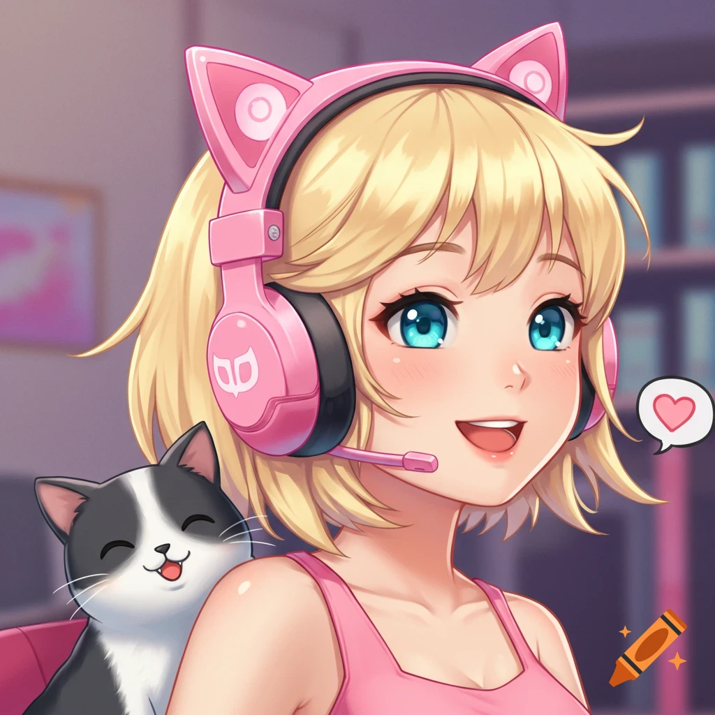 Anime profile picture of a blonde girl with blue eyes and a pink gaming headset with cat ears, smiling with a black and white tuxedo cat on her shoulder.