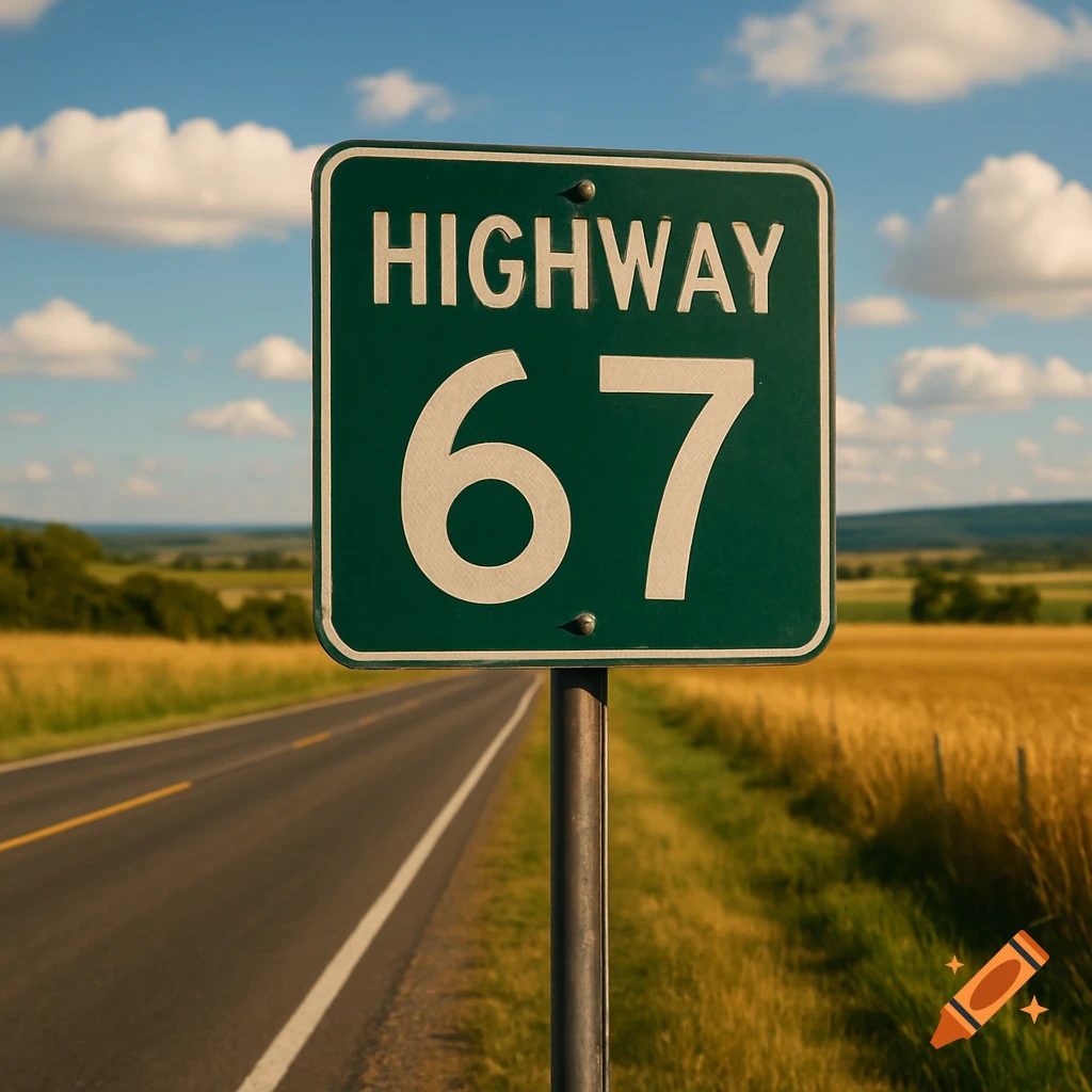 Photorealistic image of a green Highway 67 road sign by a rural road with fields under a blue sky.