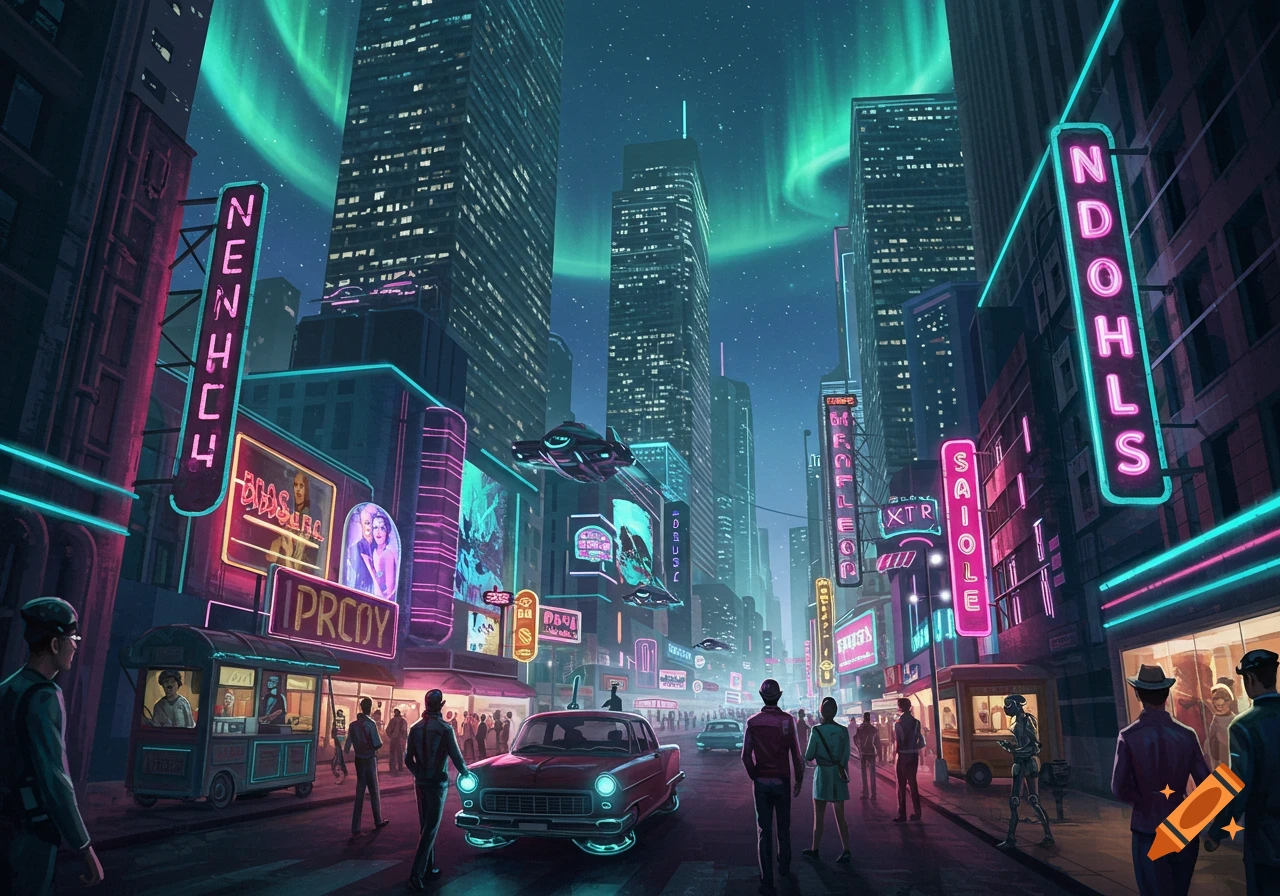 A bustling retro-futuristic city street at night, with towering skyscrapers, neon signs, classic cars, flying vehicles, and the aurora borealis in the sky.
