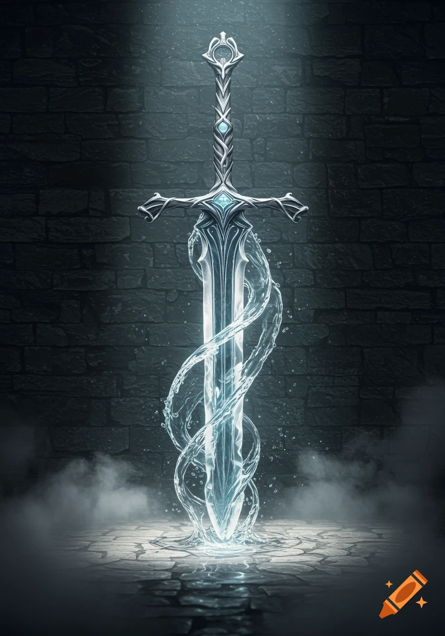 A silver fantasy sword with a glowing, watery blade stands upright against a dark stone wall, with mist at its base.