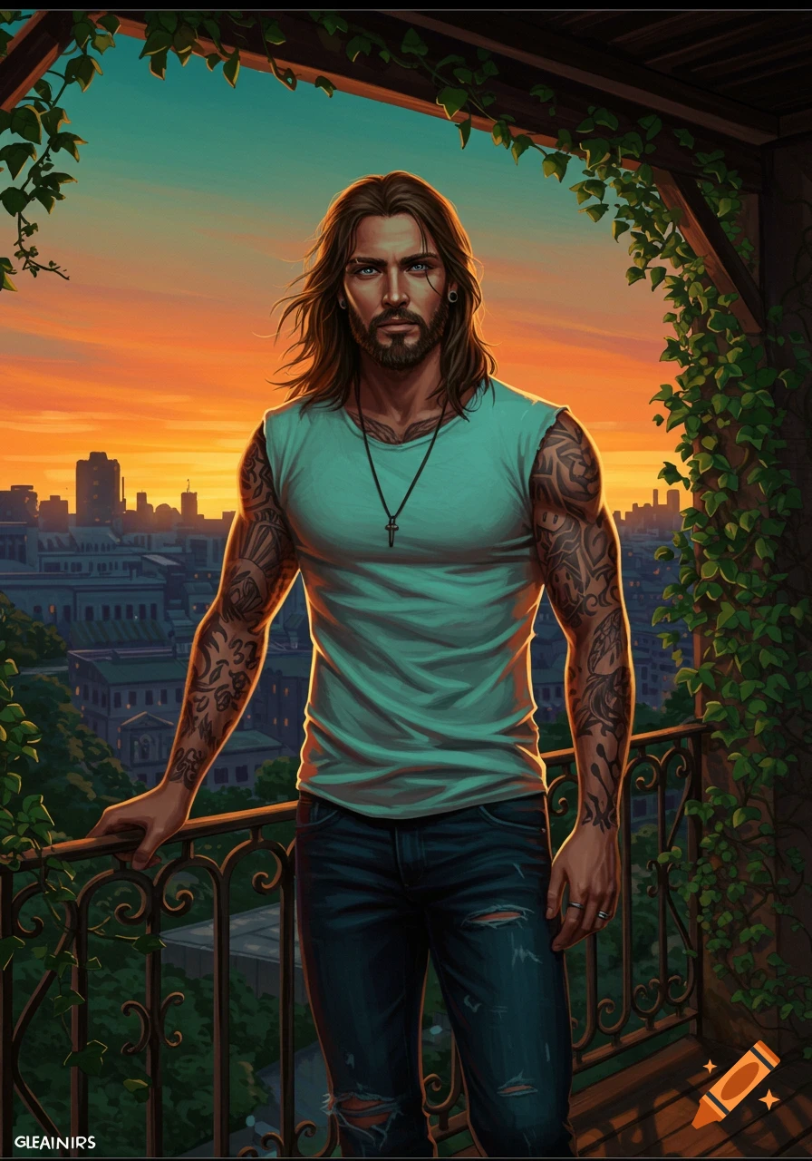 A long-haired, bearded man with tattoos and piercings stands on a balcony overlooking a city at sunset, in an illustrated style.