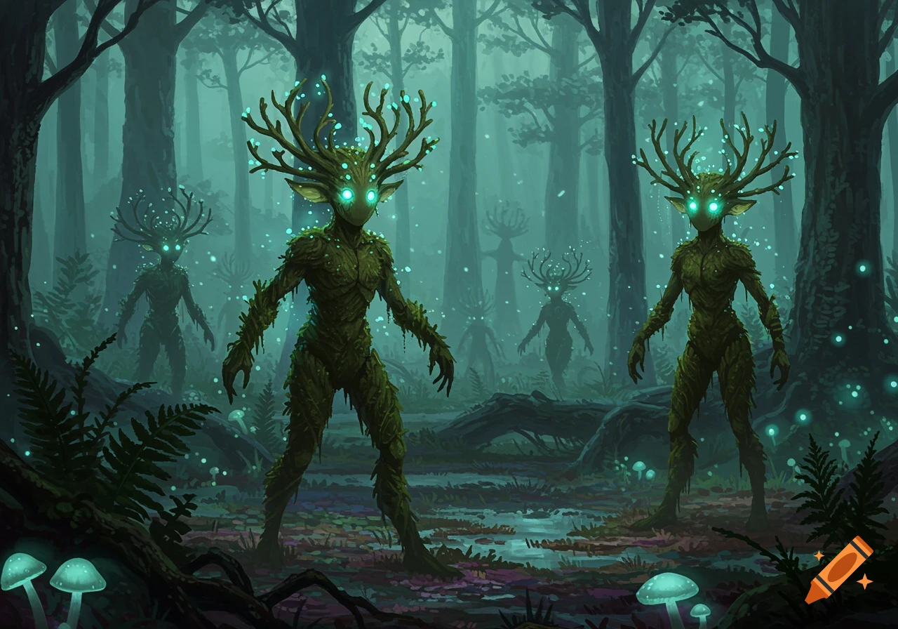Mossy, antlered forest spirits with glowing eyes stand in a mystical, foggy forest with bioluminescent mushrooms.
