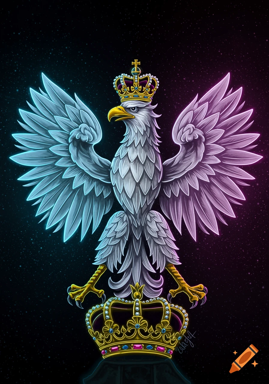 Stylized Polish white eagle with golden crowns and glowing blue and pink neon outlines against a dark, starry background.