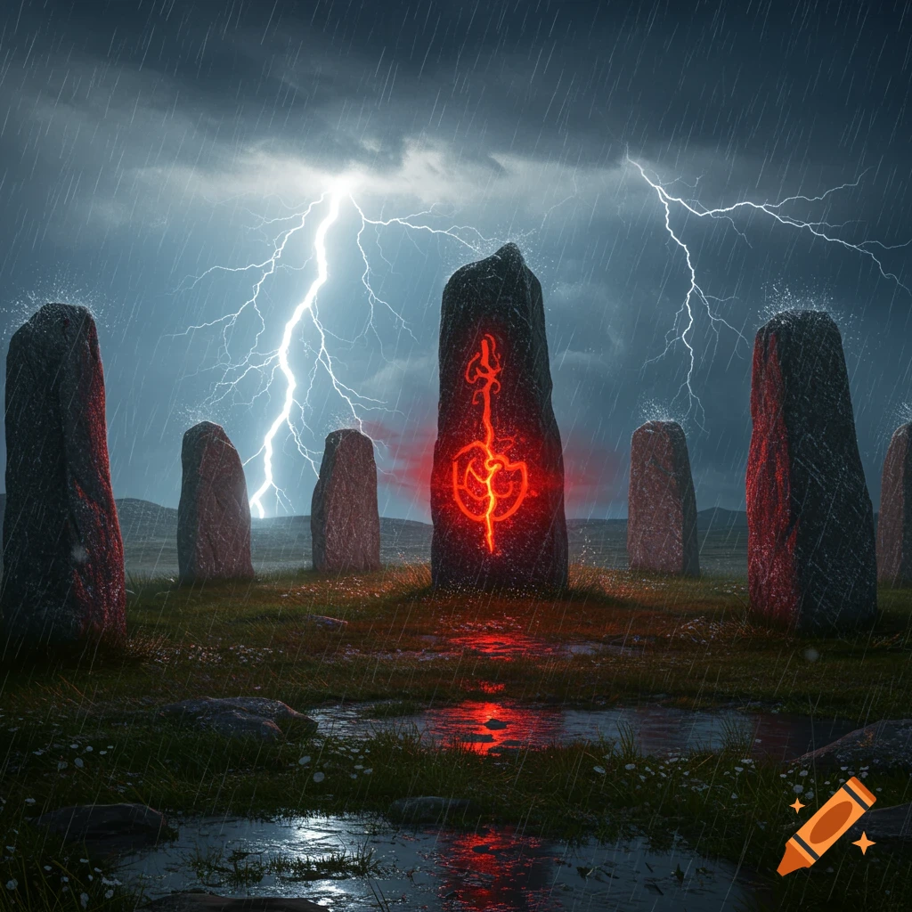 A photorealistic image of a stone circle under a violent thunderstorm with rain and lightning. One stone glows with a red, intricate symbol.