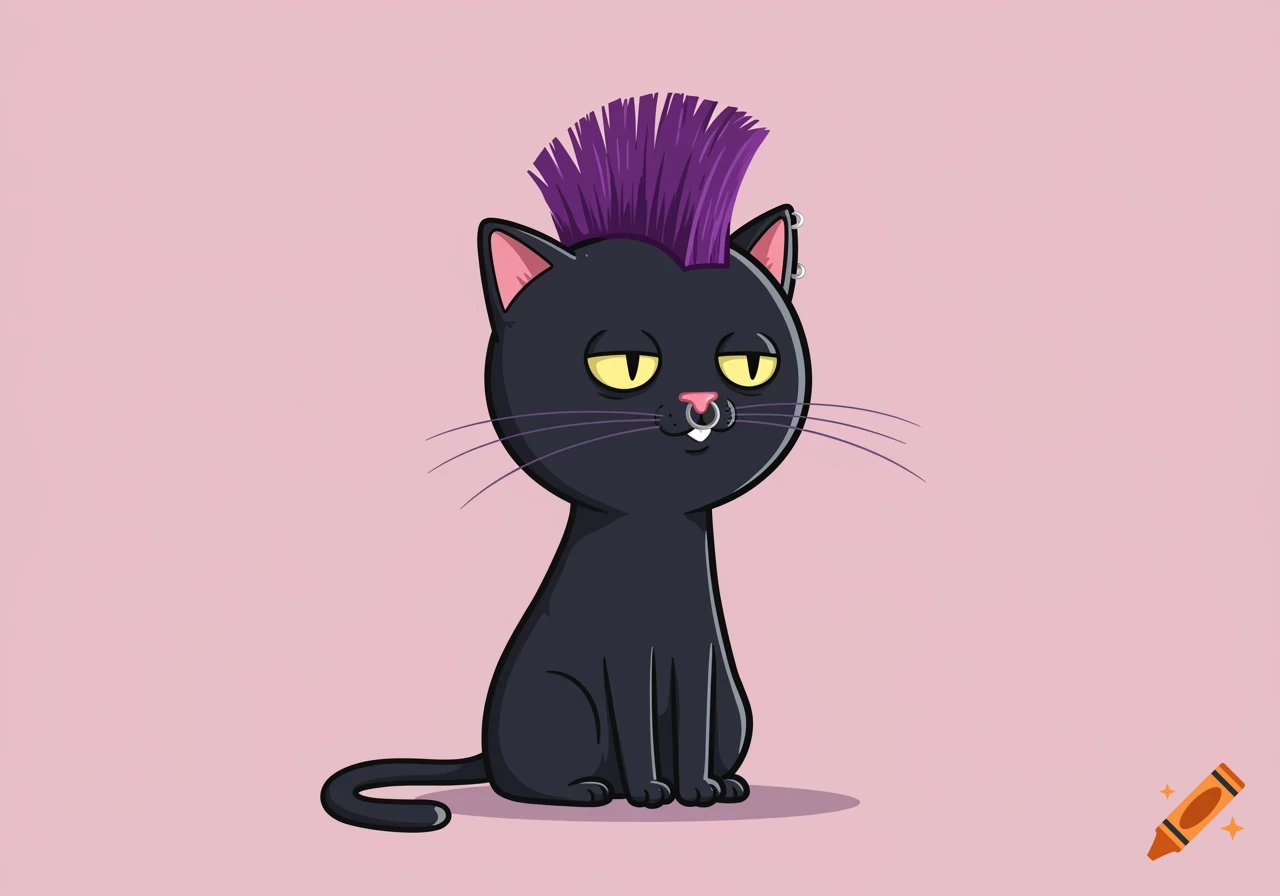 A cartoon black cat with yellow eyes, a pink nose, a nose ring, and a purple mohawk sits on a light pink background.