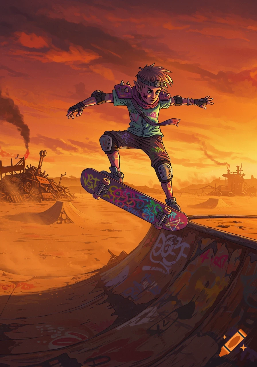Cartoon boy with elf ears on a skateboard mid-air above a ramp in a vibrant, orange-hued, post-apocalyptic desert landscape.