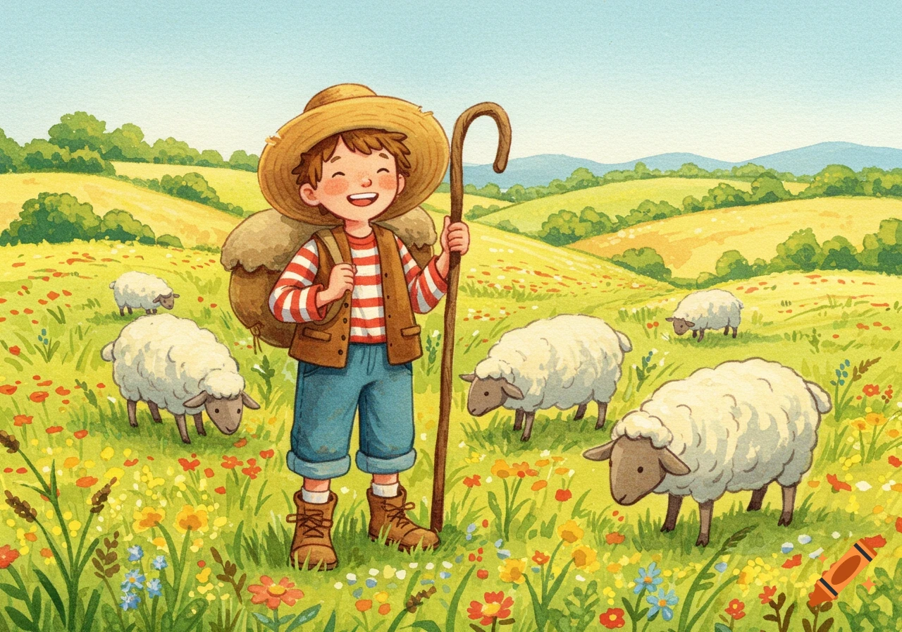 A happy shepherd boy in a straw hat holding a staff, standing in a vibrant flowery field with sheep, in a watercolor style.