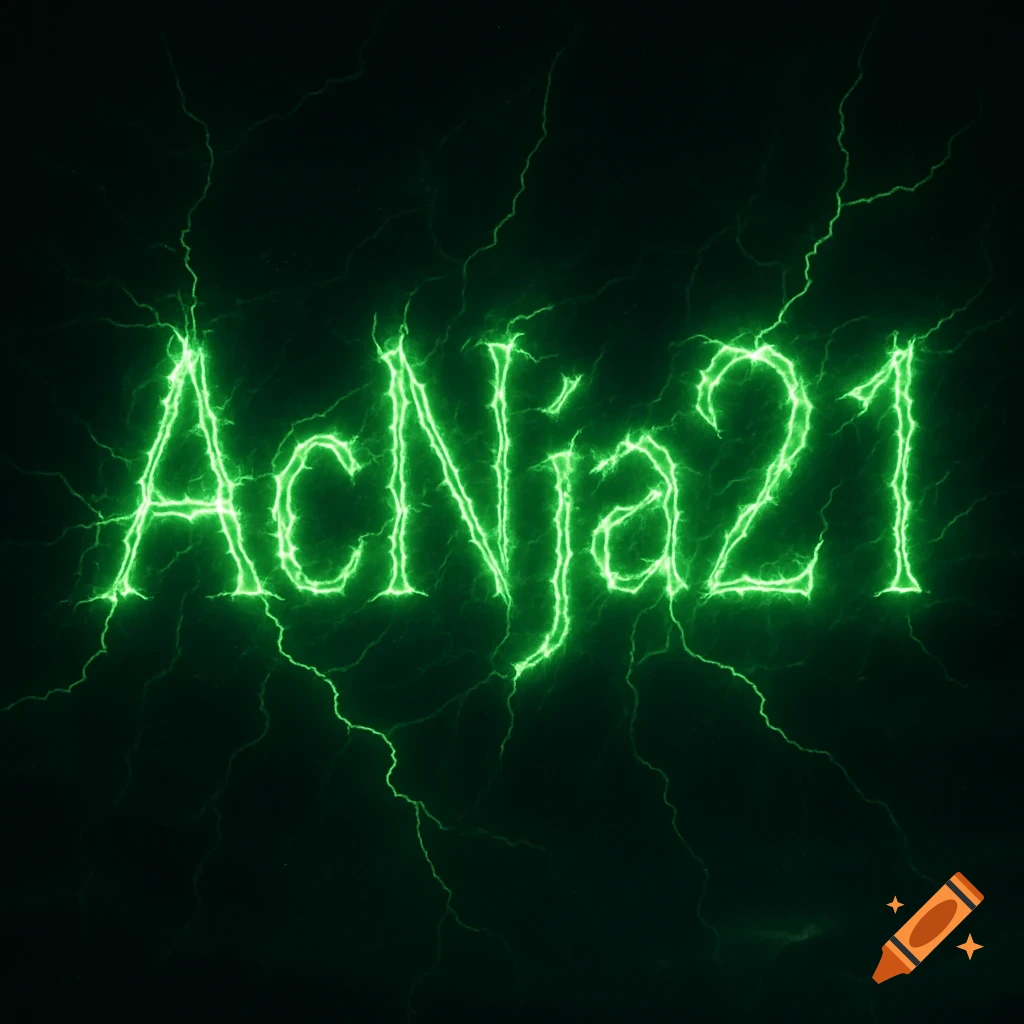 The text AcNja21 rendered in bright green lightning bolts on a dark background with green electric cracks.