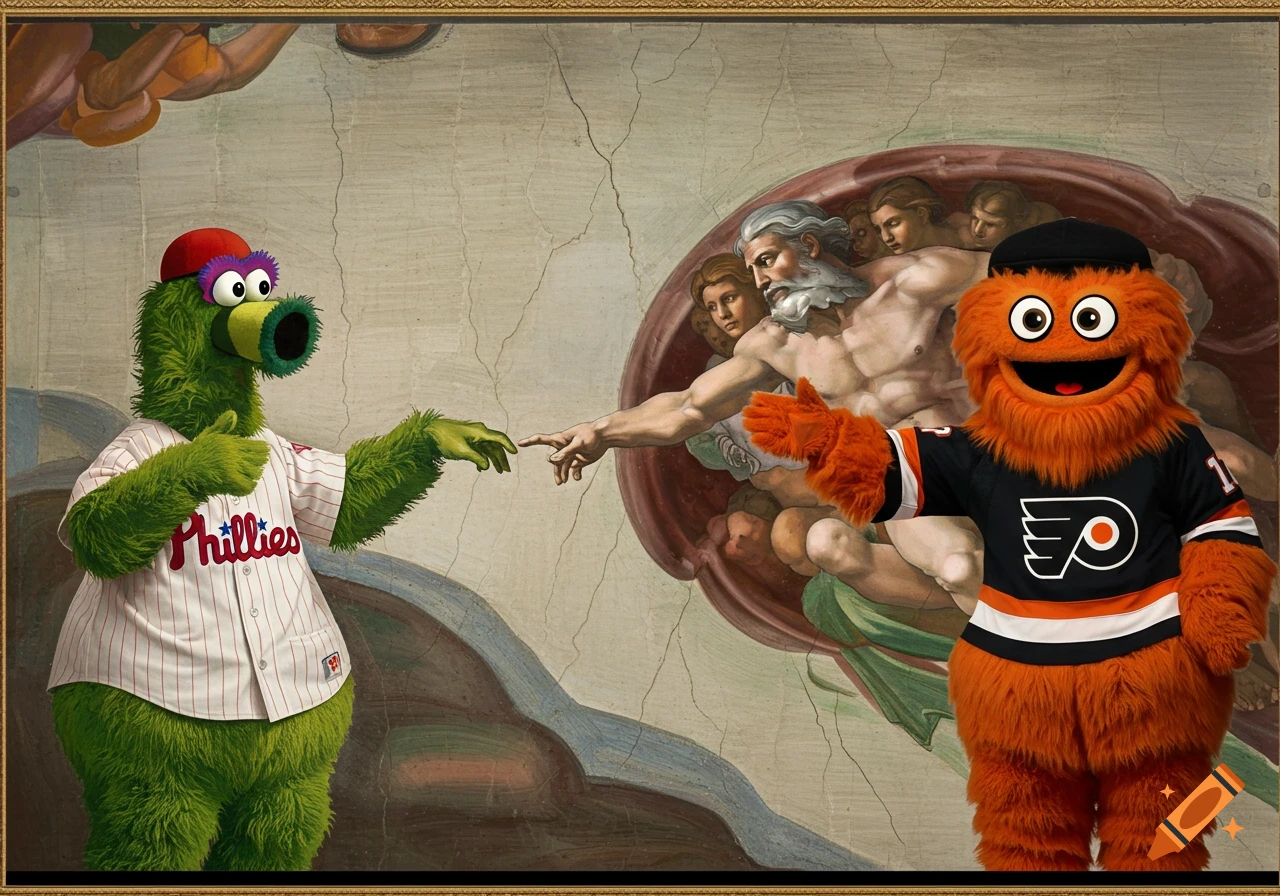 Phillie Phanatic and Gritty mascots parodying Michelangelo's 'Creation of Adam' with their fingers touching.