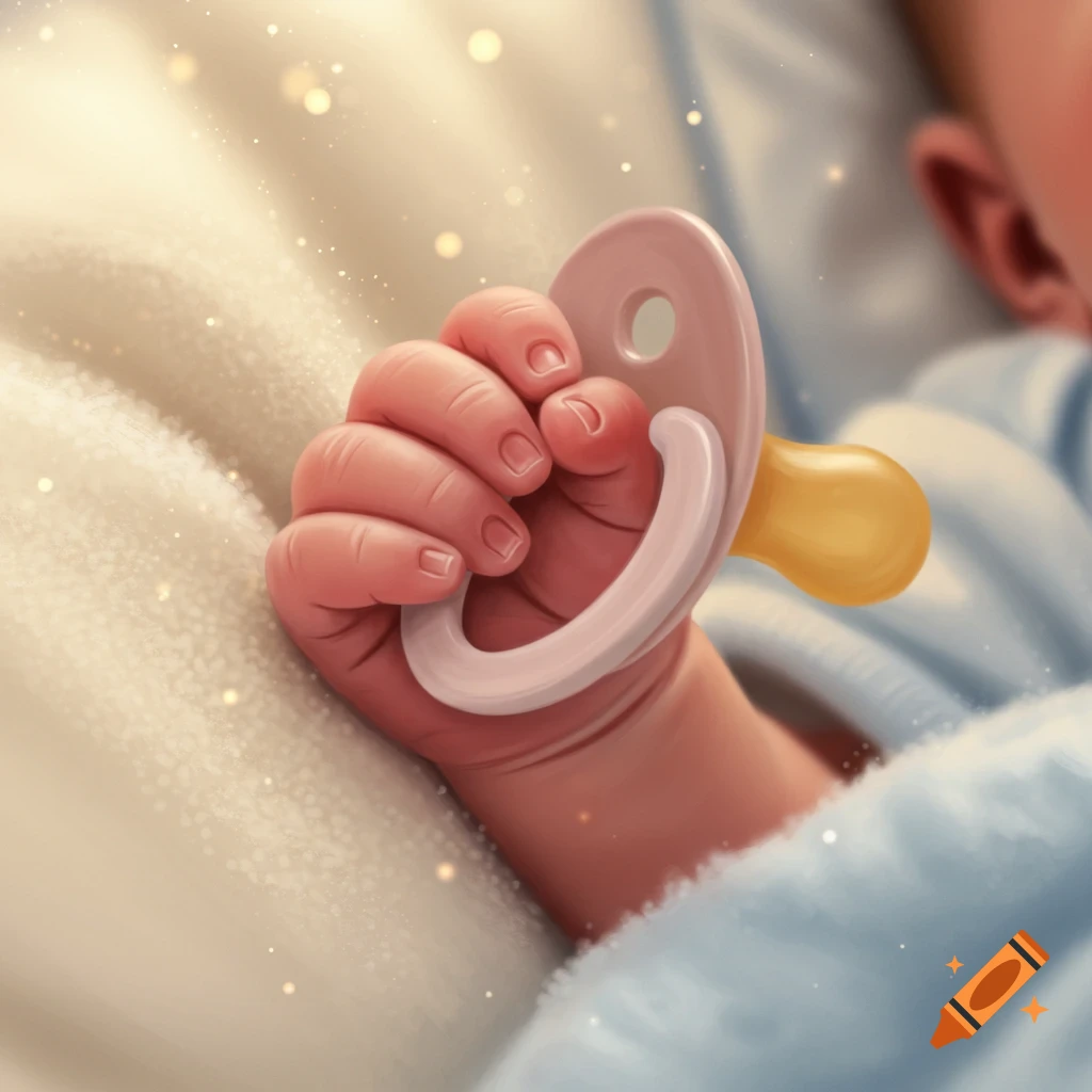 Close-up of a baby's hand holding a pink and white pacifier, with soft light particles in the background.