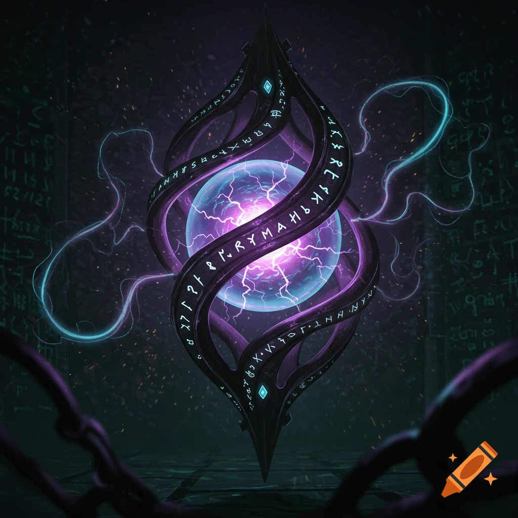 A glowing purple and blue orb bound by a twisting dark metal structure with glowing runes, emitting arcane energy.