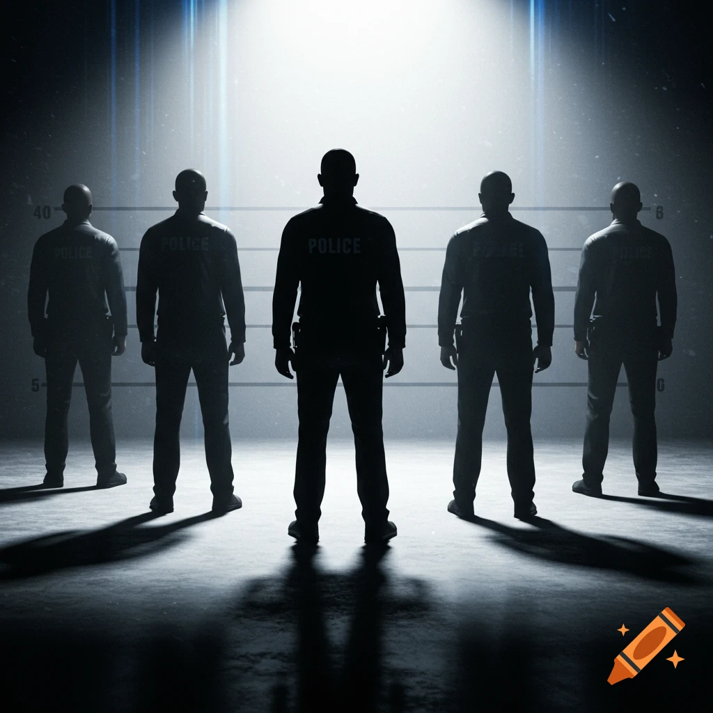 Five silhouetted police officers stand in a dimly lit room with a bright background, resembling a police lineup.