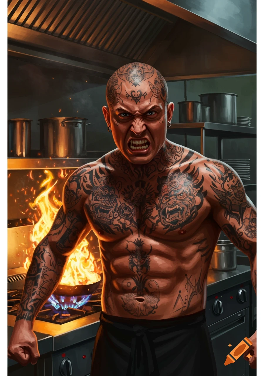 A muscular, heavily tattooed chef with a shaved head angrily cooks in a fiery kitchen. Digital art.