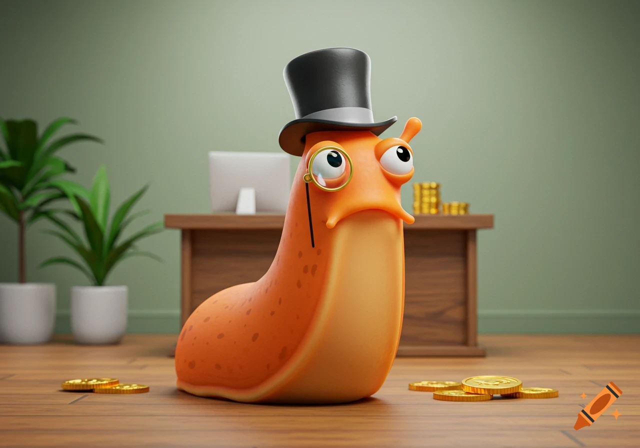 A 3D cartoon orange slug wearing a top hat and monocle stands in an office with gold coins and a desk.
