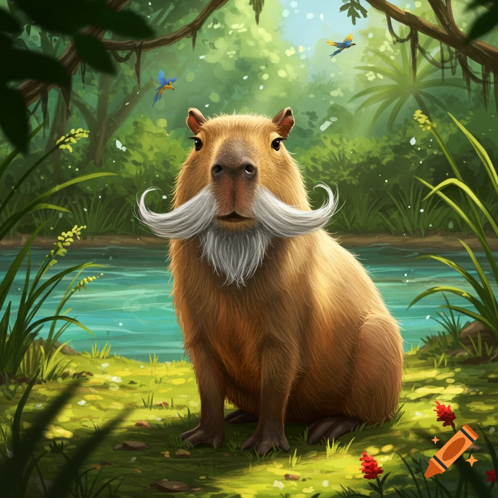 An illustrated capybara with a long, white, curly mustache and beard sits by a river in a lush green jungle.