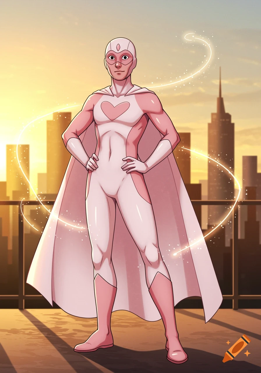 A genderless superhero in a pink and white suit with a heart symbol and cape stands on a rooftop with a city skyline at sunset in a cartoon style.