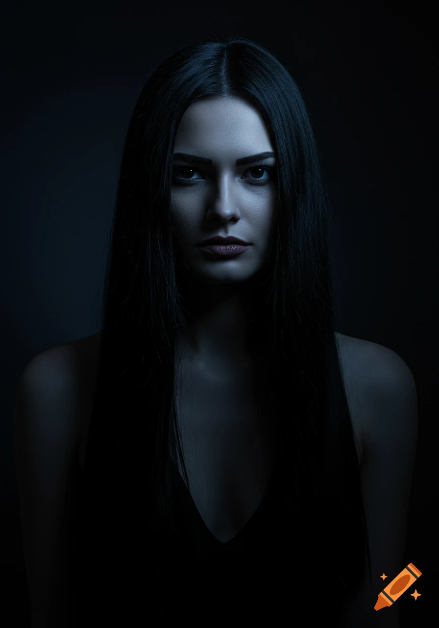 Dark, moody portrait of a woman with long black hair and intense eyes, illuminated from above.