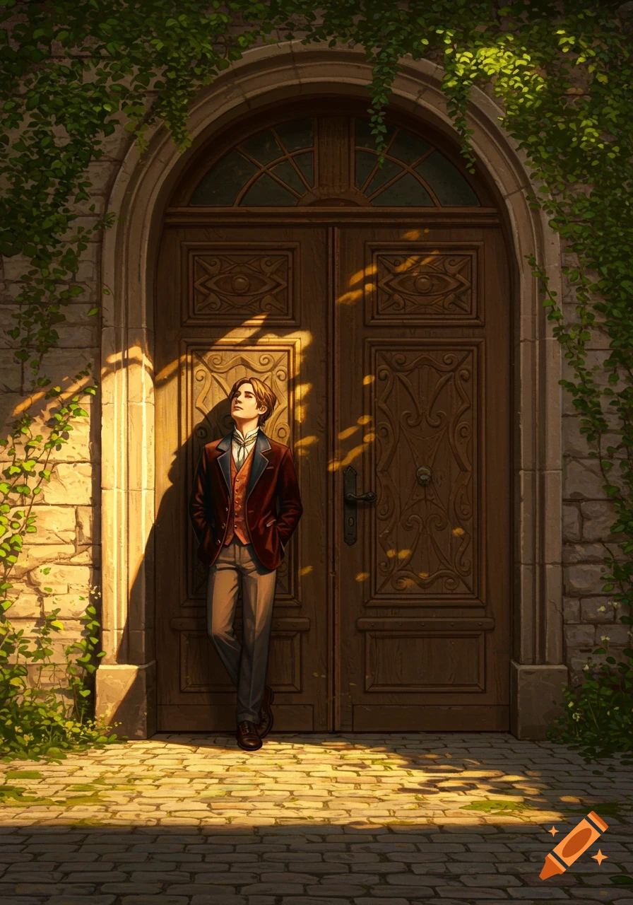 A young man in a suit leans against an ornate wooden door of an old stone building with ivy, bathed in sunlight.