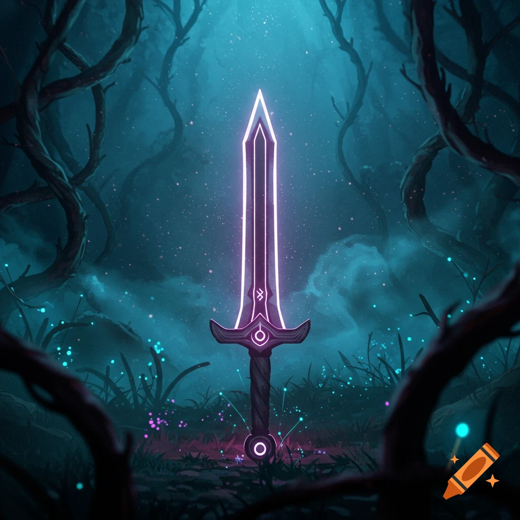 A glowing purple sword stands upright in a dark, mystical forest with glowing blue and pink lights.