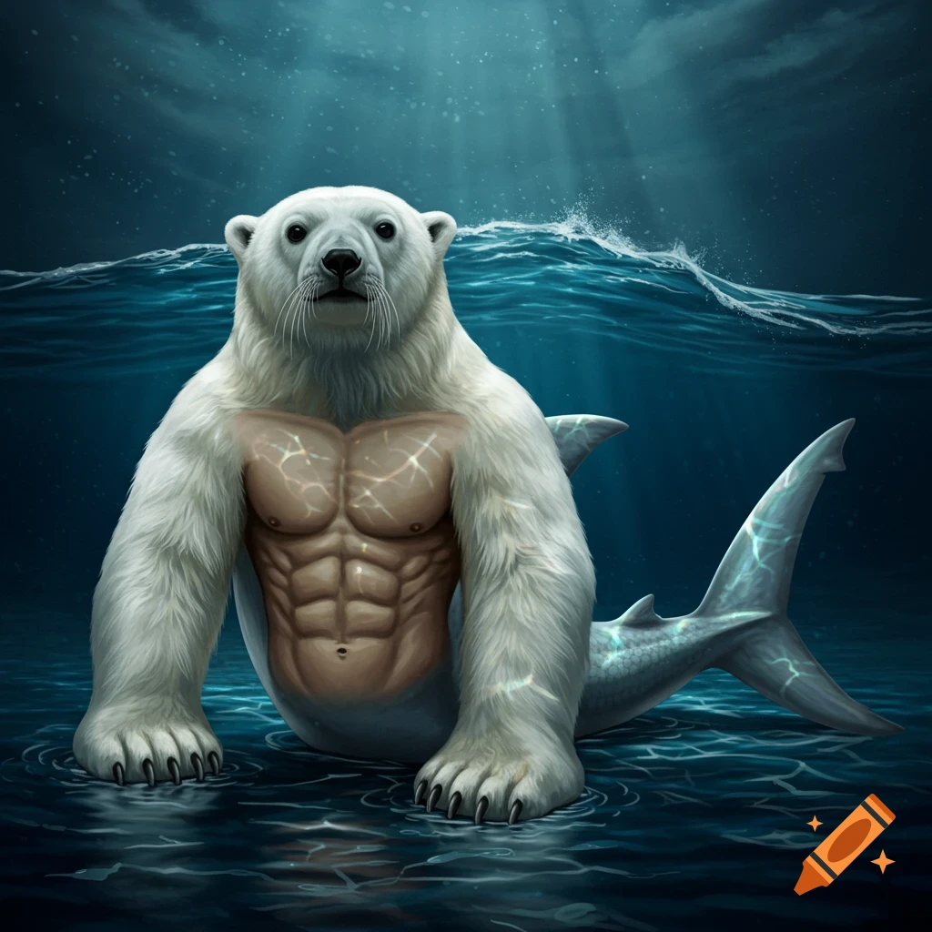 A muscular polar bear-human-shark hybrid creature emerges from deep blue water, with light rays piercing the surface.