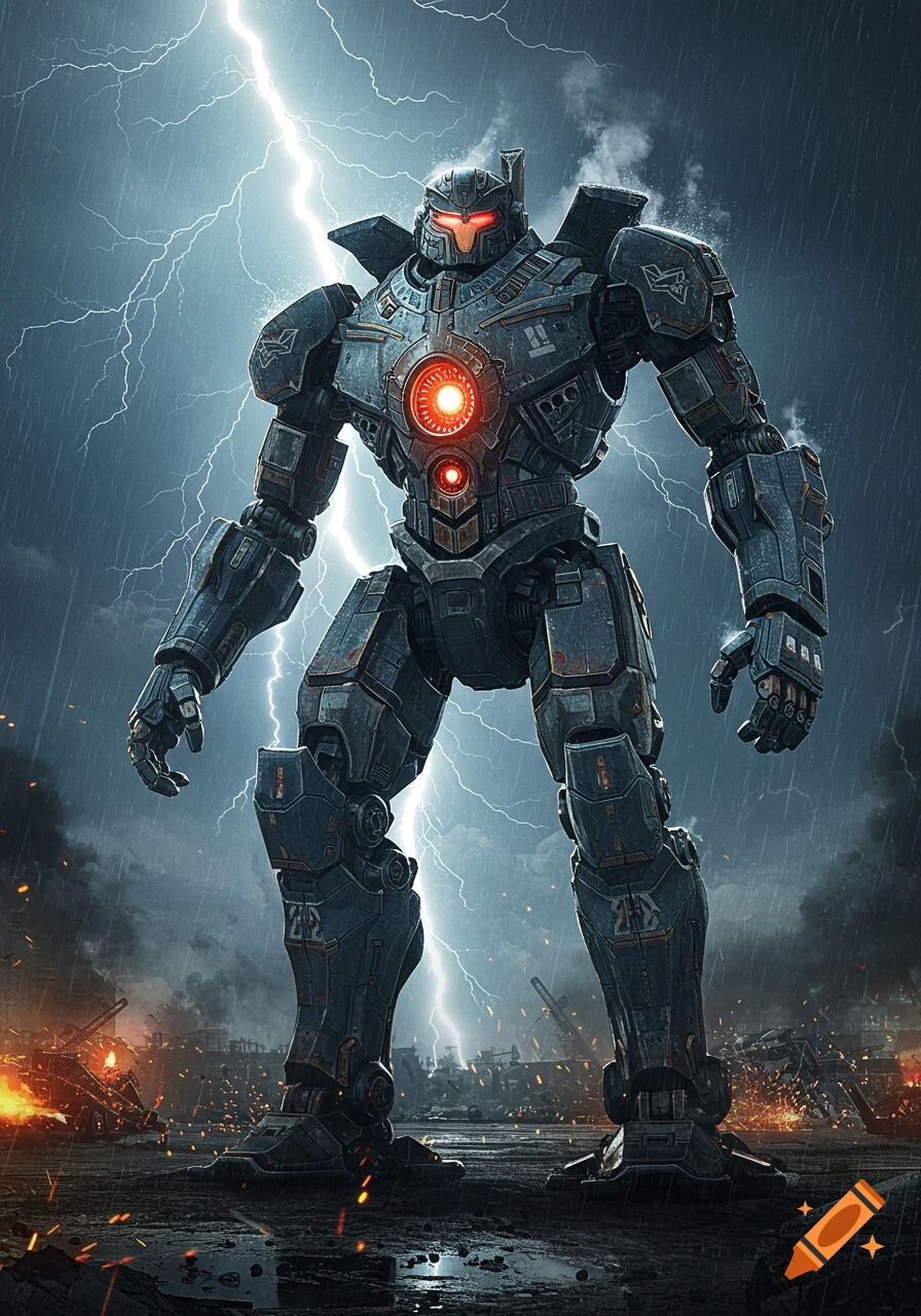 A massive, armored gray battle robot with glowing red eyes and chest core stands in a destroyed city during a lightning storm with rain.