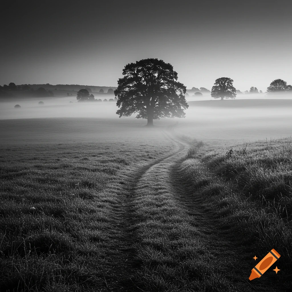 A black and white photograph of a winding path through a misty field towards a large, silhouetted tree.