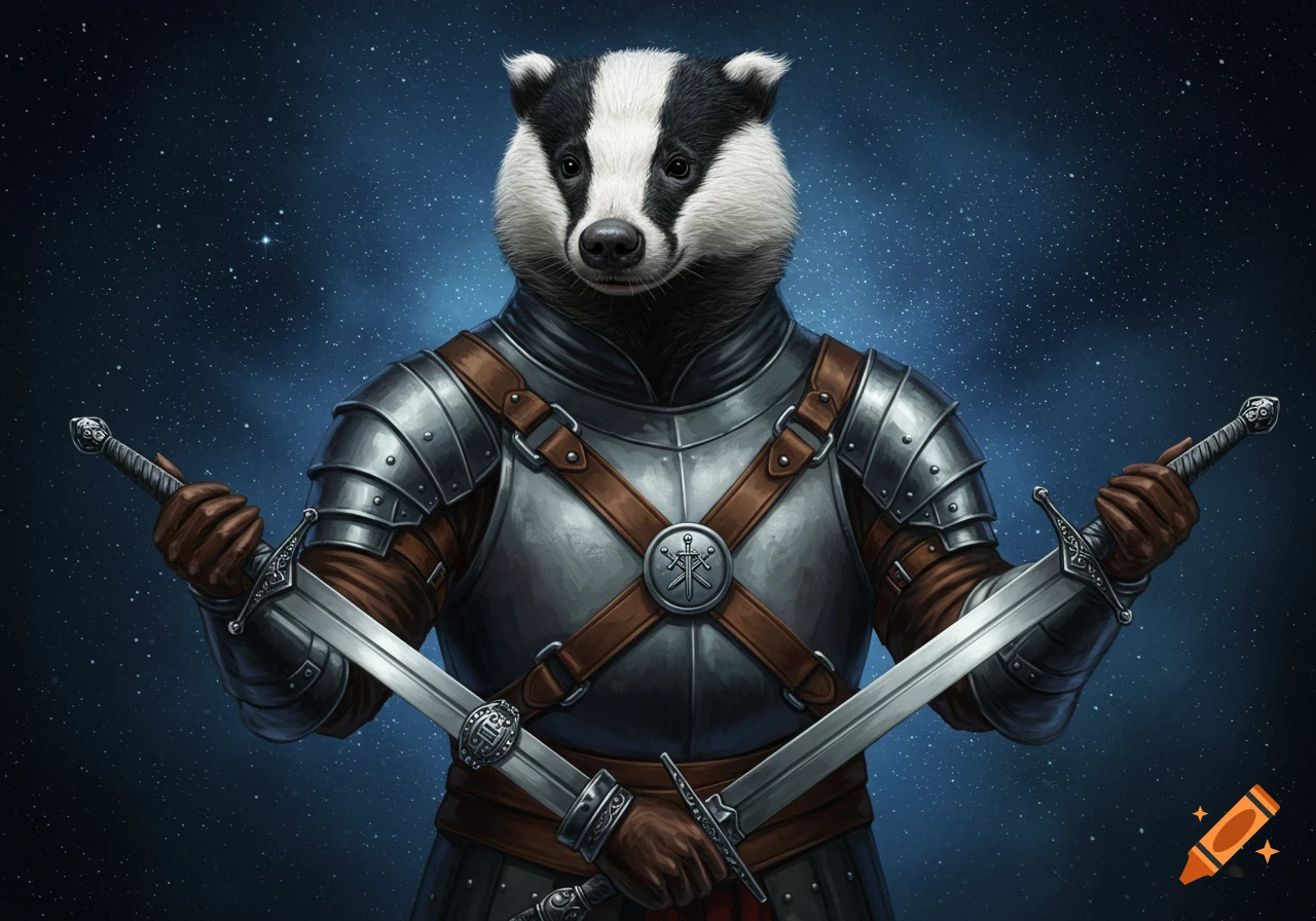 An anthropomorphic American badger in silver plate armor with brown leather straps, holding two medieval long swords crossed over its chest, against a starry dark blue background.