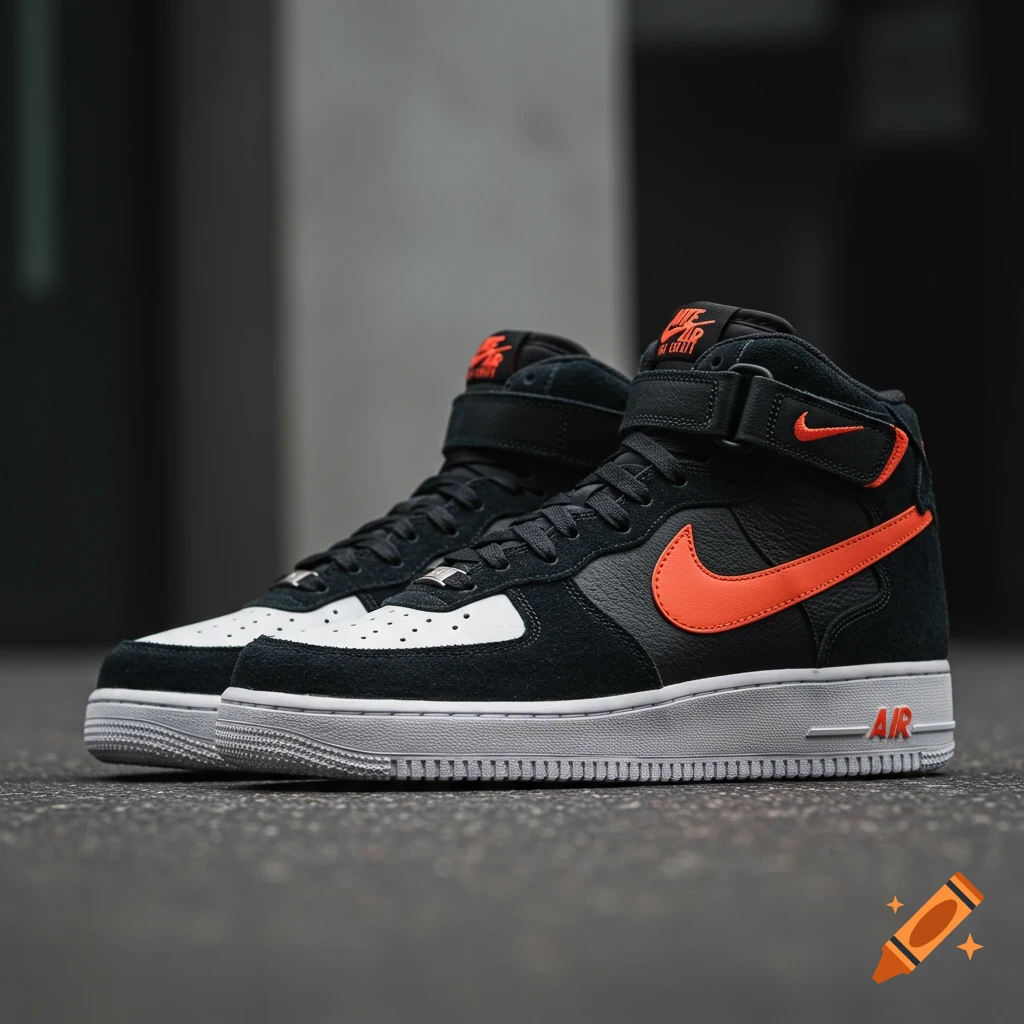 A pair of black and orange Nike Air Force 1 mid-top sneakers with white toe boxes on a concrete surface.