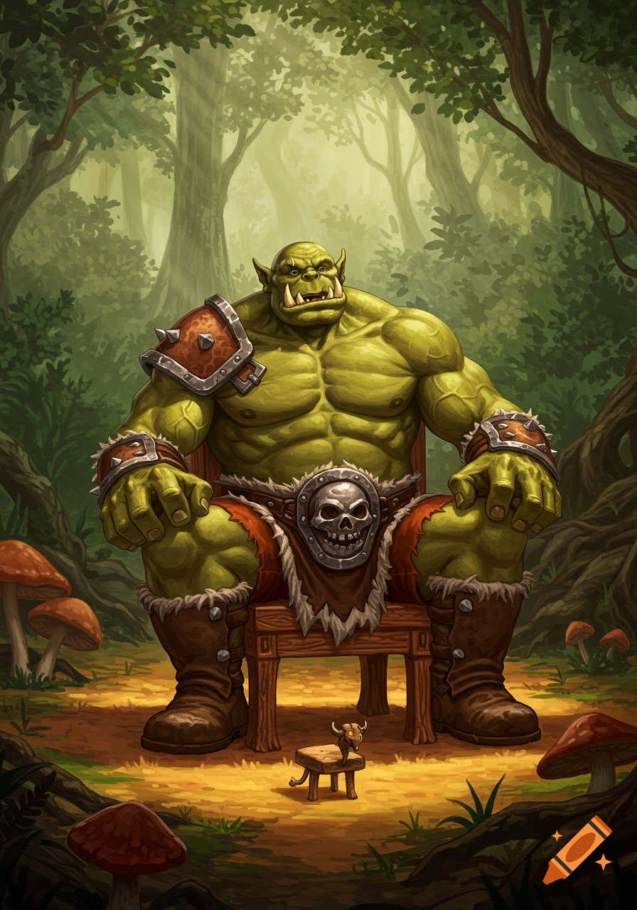 A muscular green orc with tusks and armor sits on a tiny wooden stool in a vibrant forest, a small horned statue at his feet.