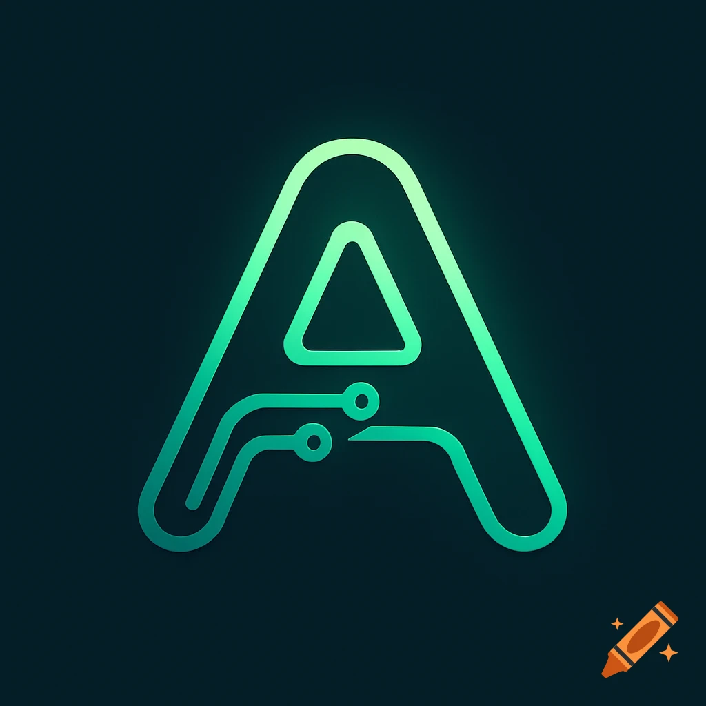 Stylized green letter A logo with circuit board design on a dark background.