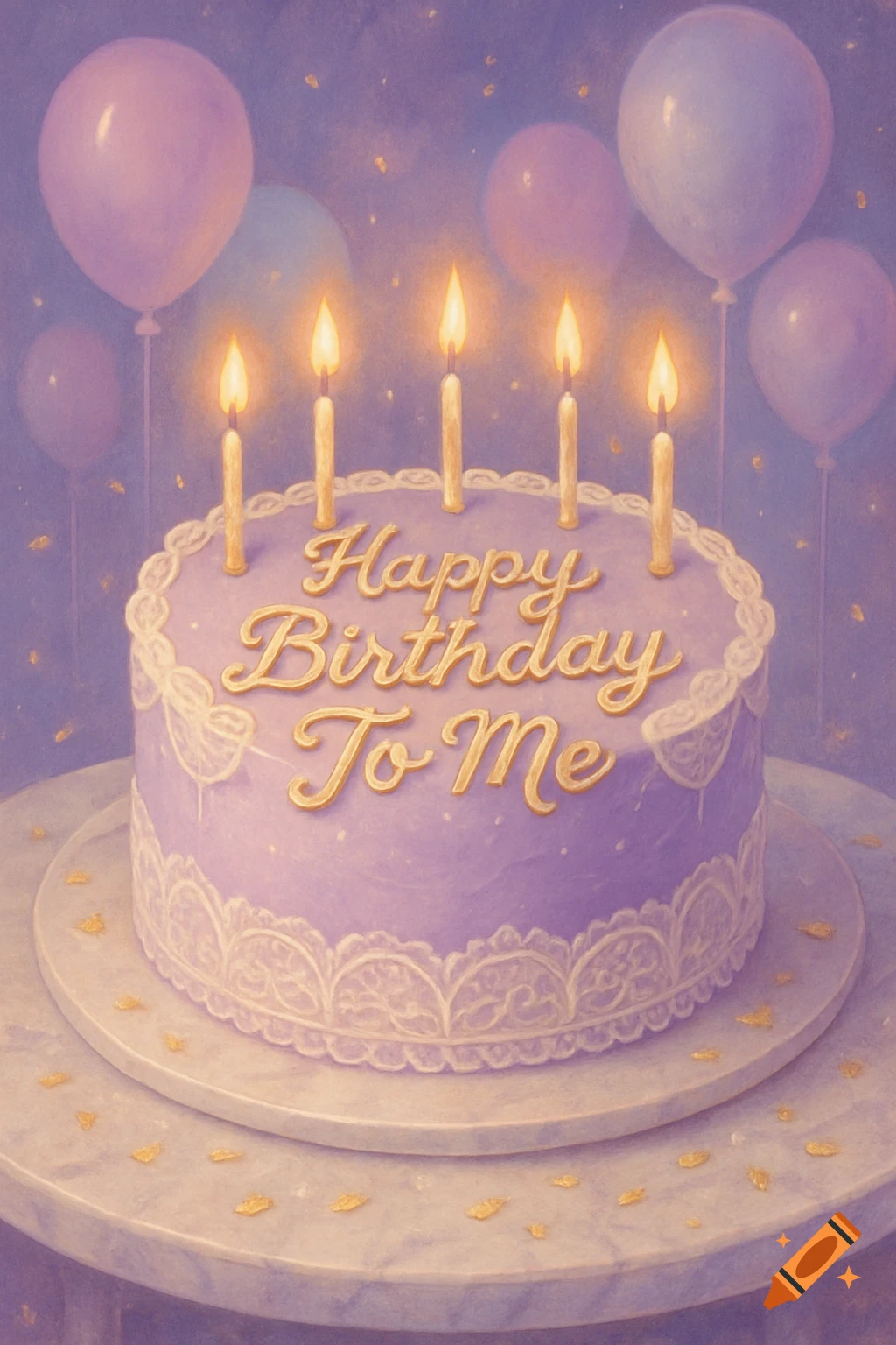A purple birthday cake with 'Happy Birthday To Me' in gold text, topped with five lit candles, surrounded by pastel balloons and golden confetti.