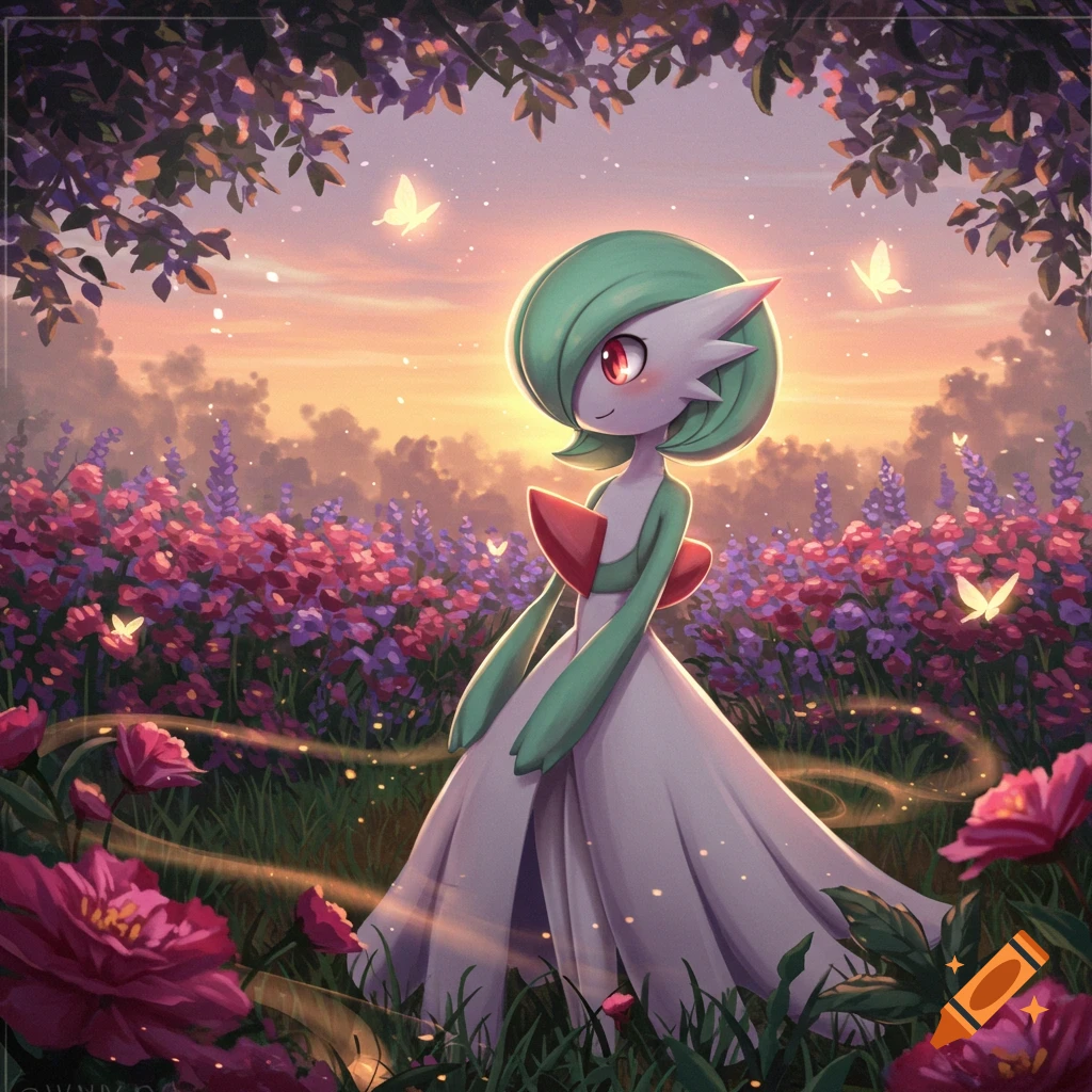 A graceful Gardevoir stands in a vibrant field of purple and pink flowers with glowing butterflies at sunset, in an anime art style.