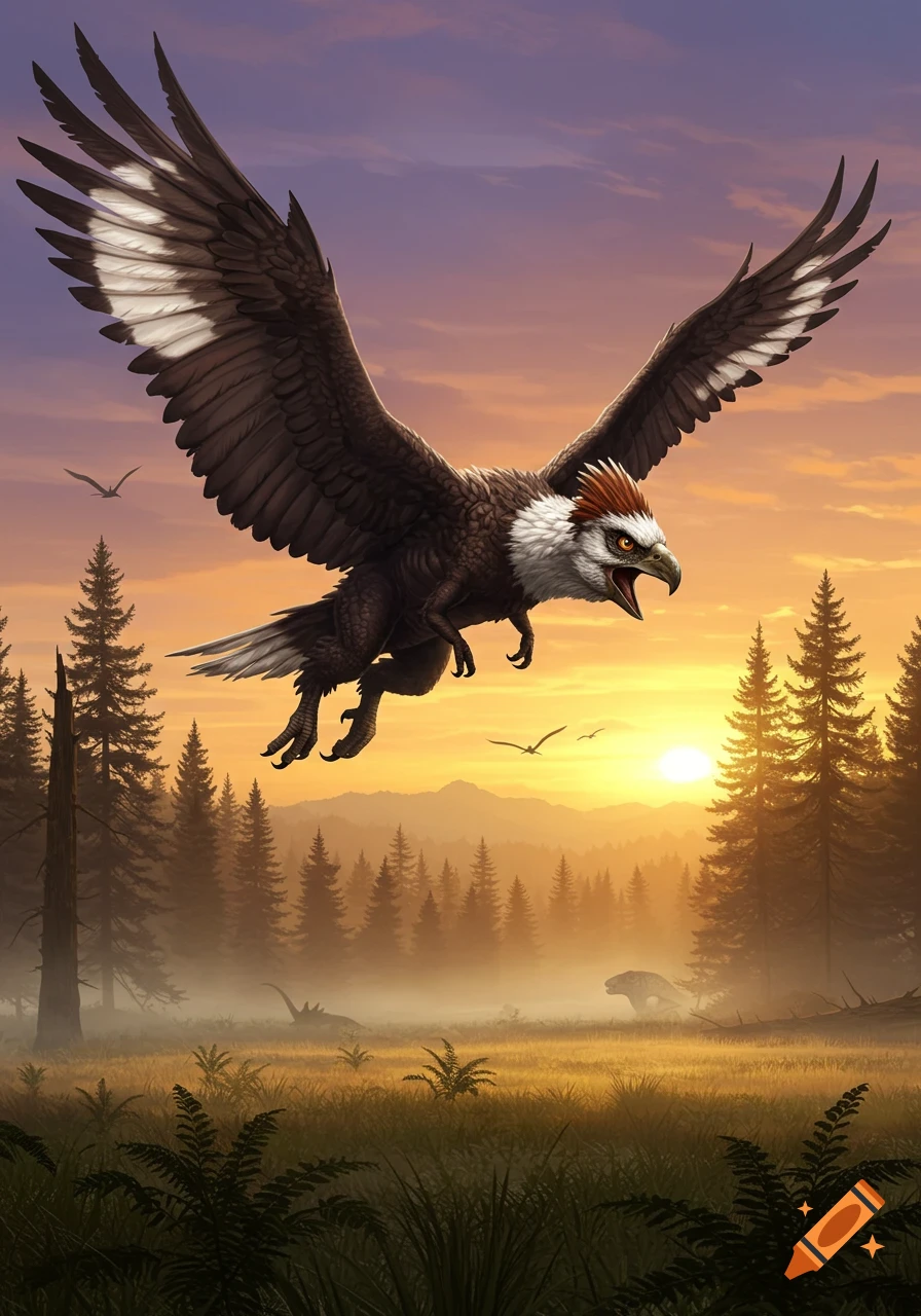 A large, feathery dinosaur-like creature with an eagle's head flies over a misty forest at sunset.