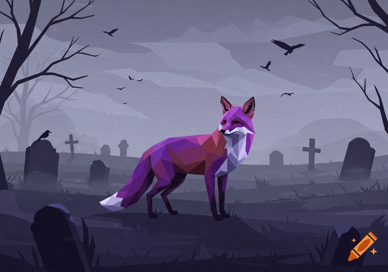 A purple, geometric fox stands in a minimalist graveyard with bare trees and flying crows under a misty sky.