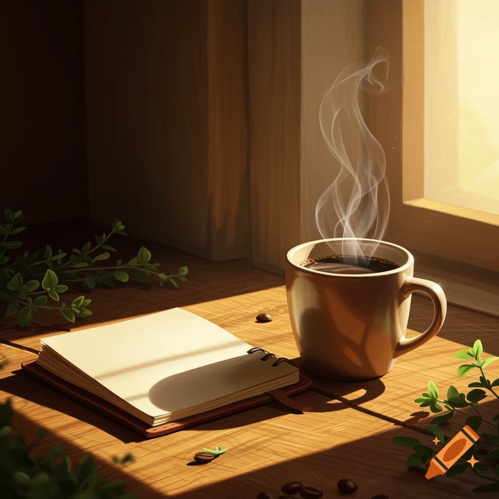 Steaming coffee mug and open notepad on a sunlit wooden table with scattered coffee beans and green leaves by a window, painterly style.