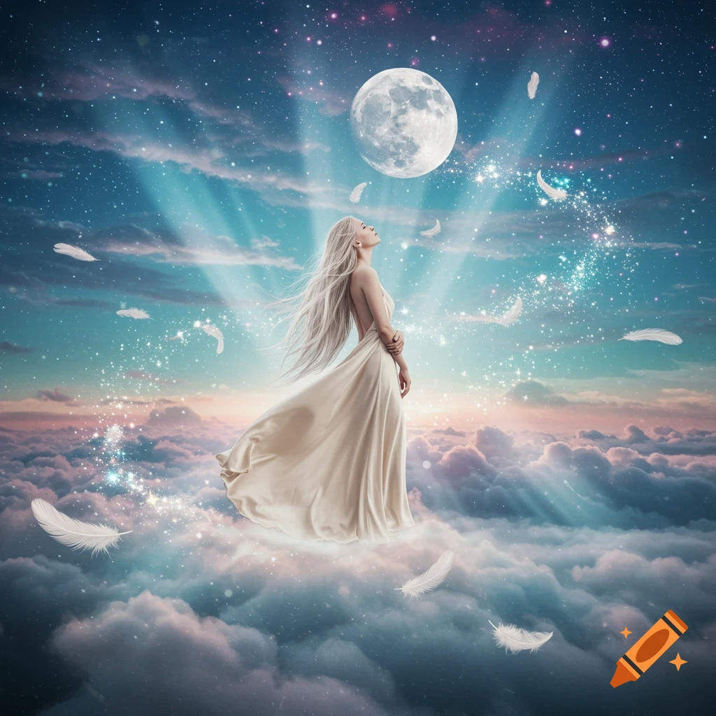 A woman with long white hair in a flowing dress stands on clouds, looking up at a full moon in a starry, mystical sky with floating feathers.