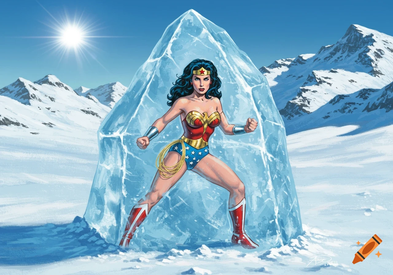 Wonder Woman, in her red and blue costume, stands defiantly in front of a large ice block in a snowy mountain landscape under a bright sun, in a comic book style.