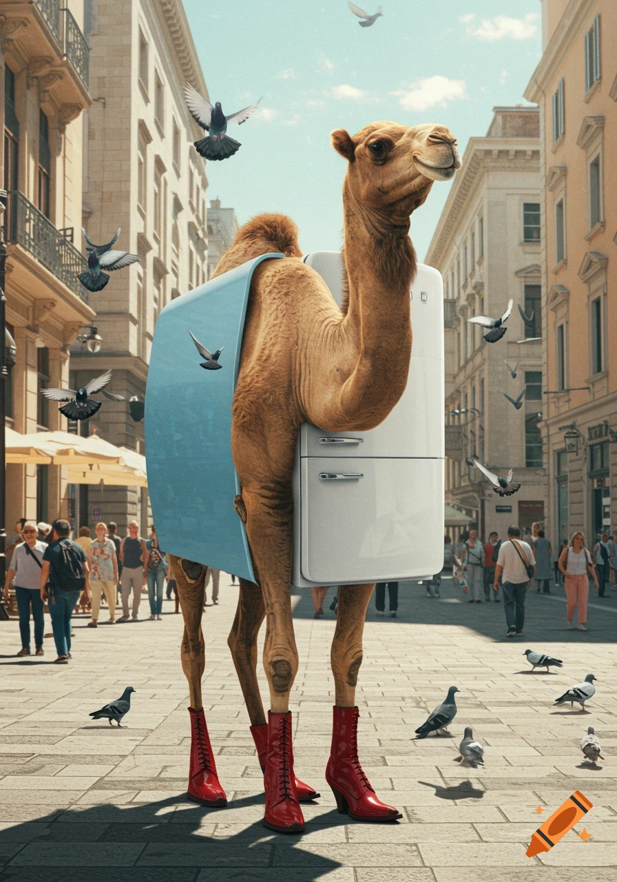 A photorealistic camel wearing red boots and carrying a refrigerator on its back walks down a sunny city street among people and pigeons.