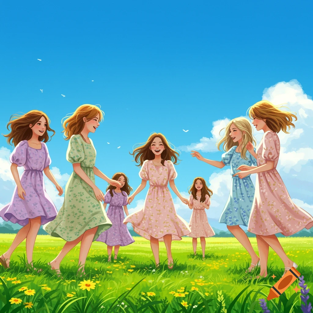 Colorful illustration of several girls in floral dresses walking through a sunny green field with wildflowers under a blue sky.