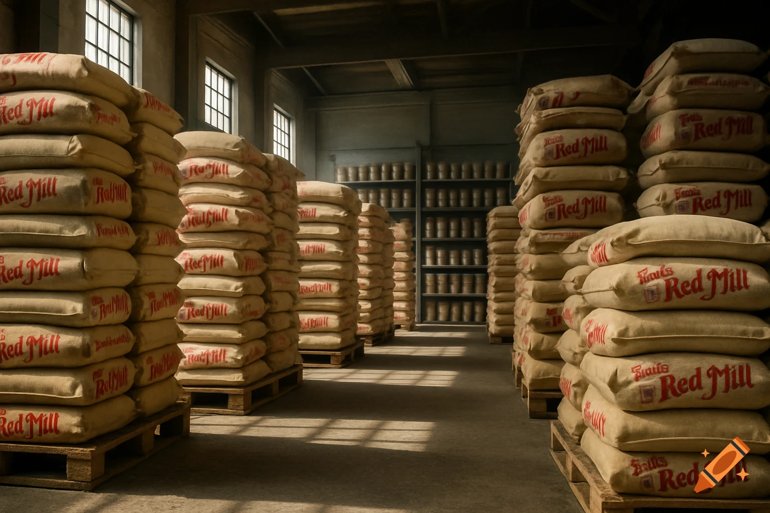 A vast, sunlit warehouse filled with tall stacks of burlap sacks, each labeled "Red Mill", resting on wooden pallets. In the background, shelves are lined with containers.