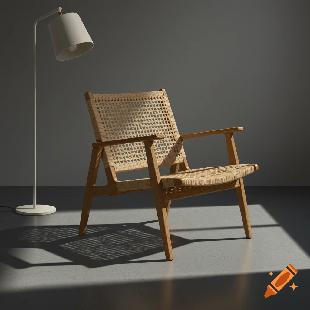 A photorealistic image of a mid-century modern wooden lounge chair with woven Danish cord, next to a white floor lamp on a concrete floor.