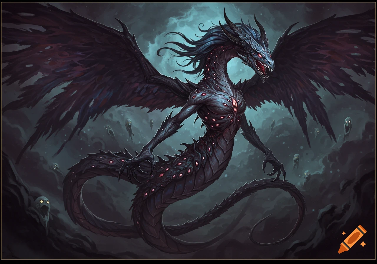Dark fantasy art of a winged, serpentine dragon with glowing red eyes and black scales against a moody, cloudy background.