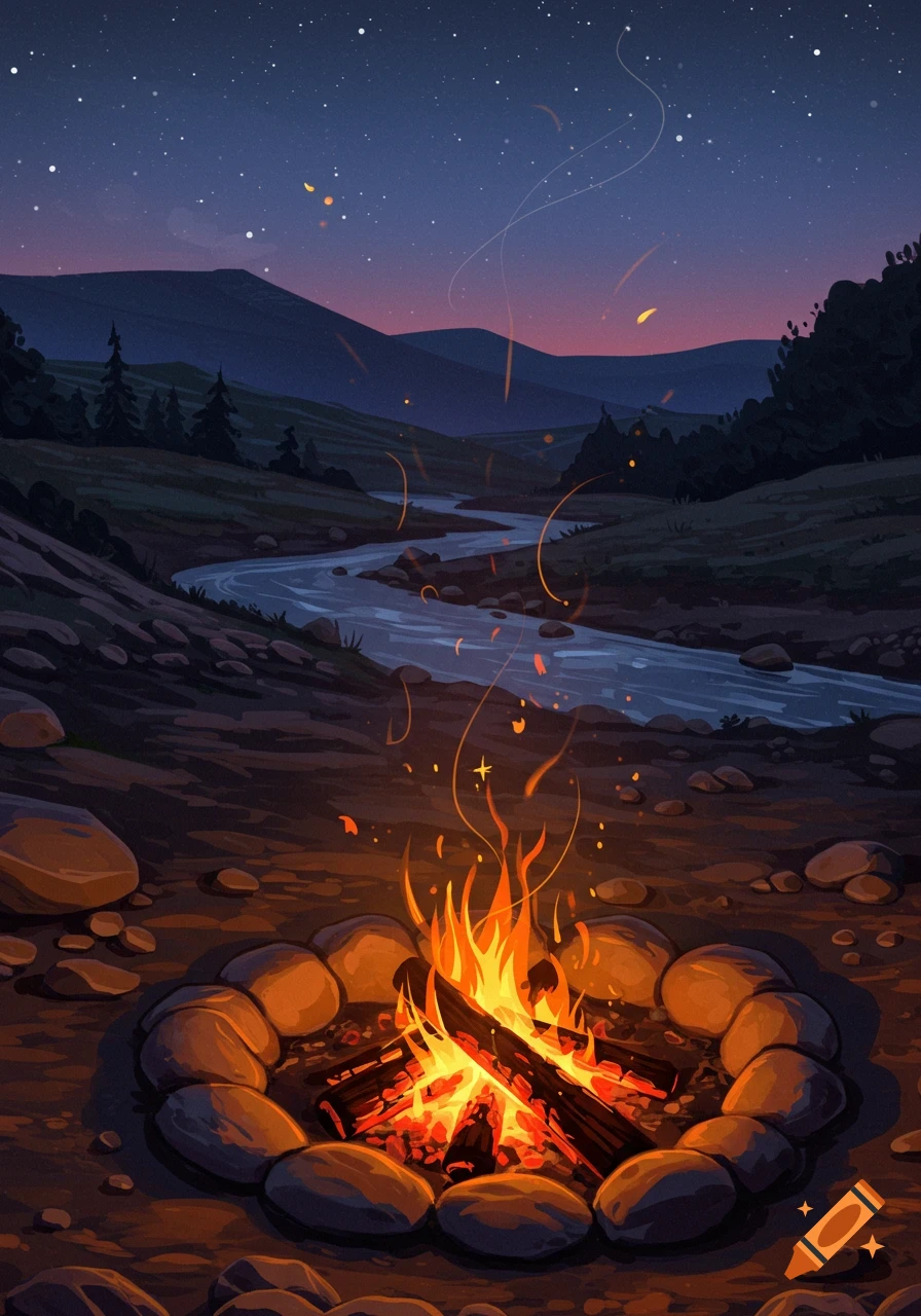 A stylized illustration of a crackling campfire surrounded by rocks, with a winding creek and mountains under a starry night sky.