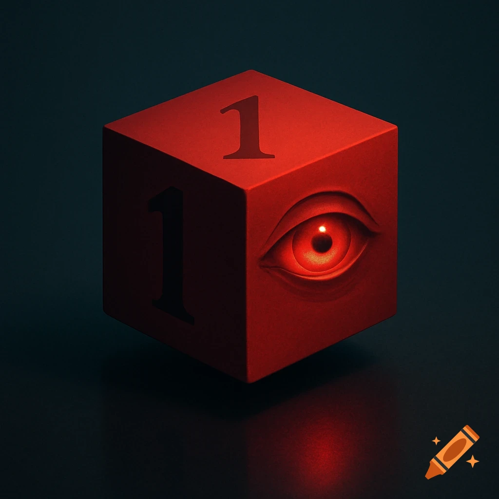 A red cube with a glowing red eye and the number one on its faces, against a dark background.