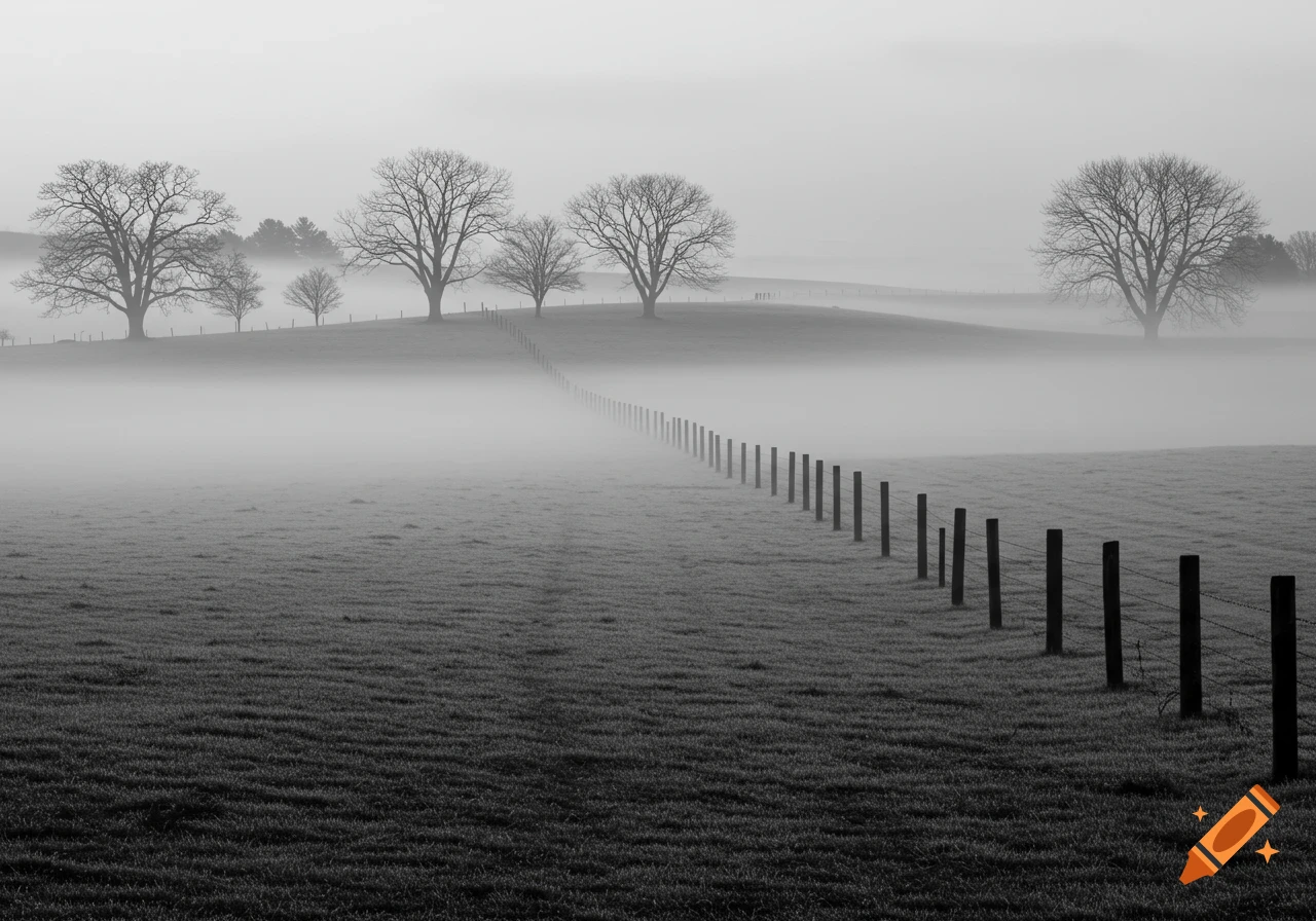A black and white landscape photograph of a foggy field with a fence line leading towards silhouetted trees on hills.