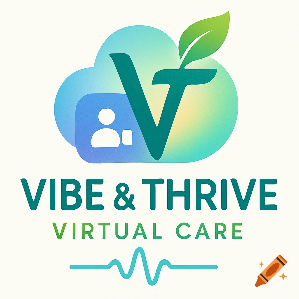 A colorful logo for Vibe & Thrive Virtual Care, featuring a stylized V and T with a leaf, a cloud, and a person icon.