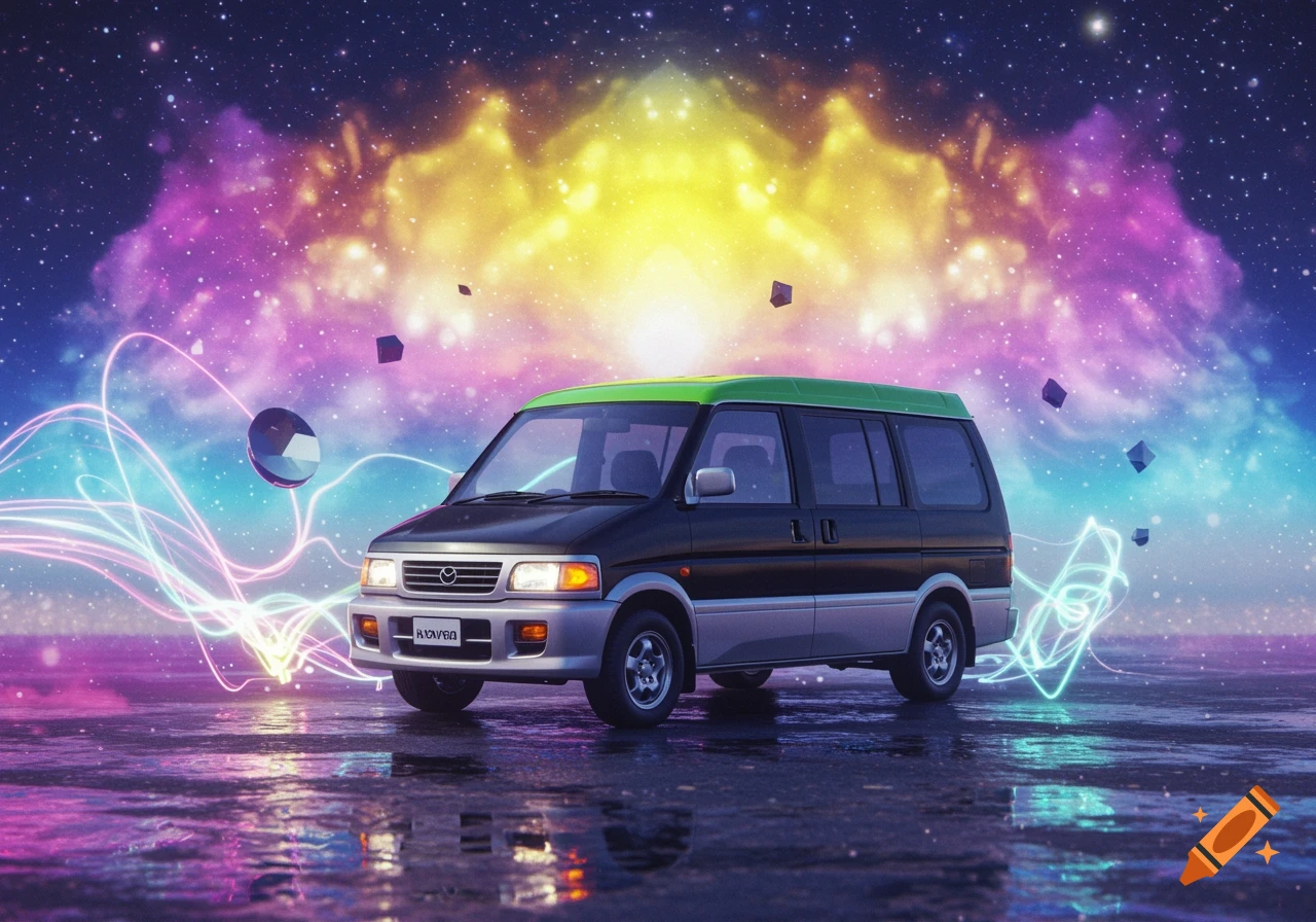 A black and silver Mazda Bongo van with a green roof on a wet surface under a vibrant, starry nebula sky with glowing light trails and abstract shapes.